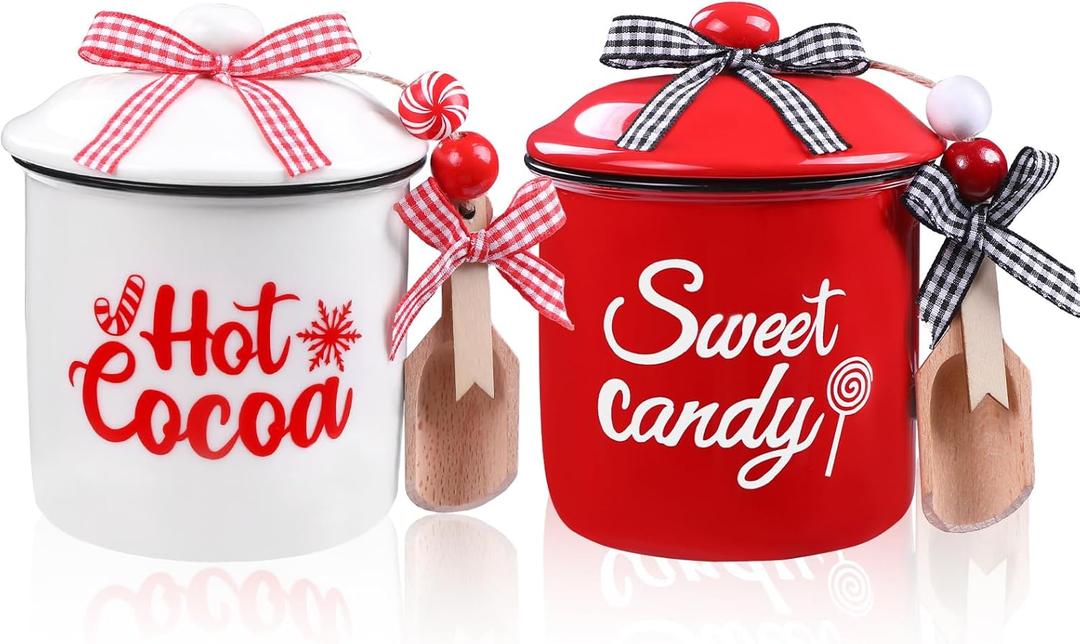 DIYDEC 2pcs Christmas Ceramic Canisters Christmas Ceramic Cup Mini Jar Candy Holder with Lid Spoon Wooden Beads Xmas Tiered Tray Decor for Winter Home Table Centerpiece Decoration Supplies