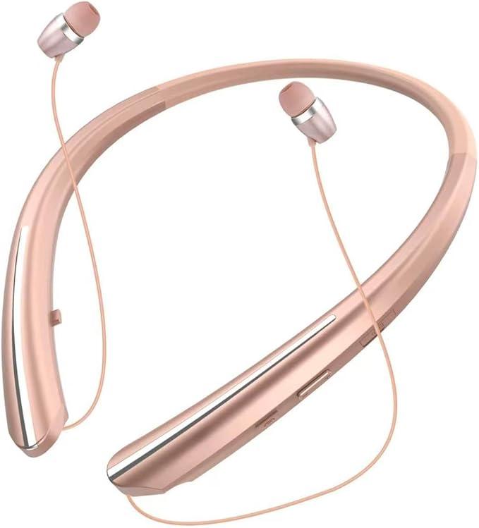 Tyxmere Bluetooth 5.0 Neckband Bluetooth Headphone, Sweat Resistant Noise Cancelling Stereo Headphones, and Retractable Ear Tips for Music, Conference, Videos (Pink)