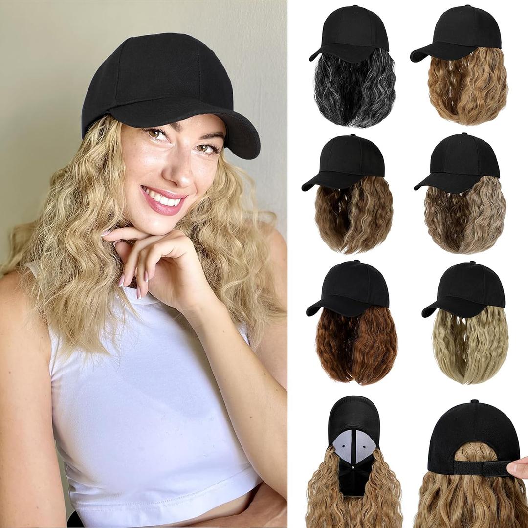 Baseball Hat Wig,Hat with Hair attached 16'' Adjustable Black Cap with Wavy Curly Synthetic Bob Hair Extensions for Women Girls(Ash Blonde)
