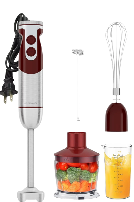 MEGAWISE Pro 5-in-1 Immersion Hand Blender, 400W Powerful Motor, 12 Speed Settings, 500ml Chopper, 600ml Beaker, Whisk & Milk Frother, Titanium-Reinforced Blades for Superior Blending