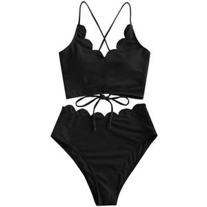 ZAFUL Women's Ruched High Waisted Tankini Swimsuit Criss Cross Bikini Set Tummy Control Bathing Suit (XL)