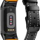 Leather Bands Compatible with Fitbit Charge 6/Charge 5, Replacement Genuine Leather Straps for Women Men (Black)