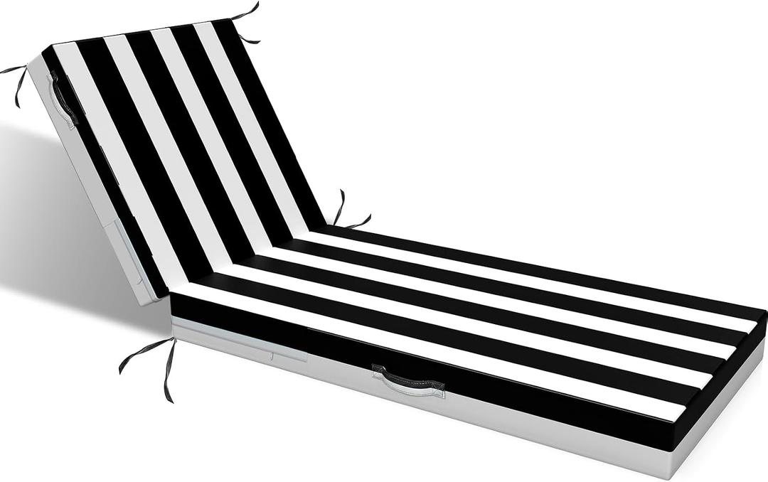 L'AGRATY Outdoor Lounge Chaise Cushion: 72x21x3 Inch Waterproof Lounge Chair Cushion for Outdoor Furniture with Fade Resistant Removable Cover - Patio Cushions for Pool Lawn Deck(Black White 1Pack)