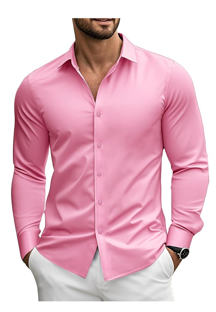 Barry.Wang Men's Solid Stretch Dress Shirts Long Sleeve Button Down Shirts Formal Business Prom Party Wedding Size S