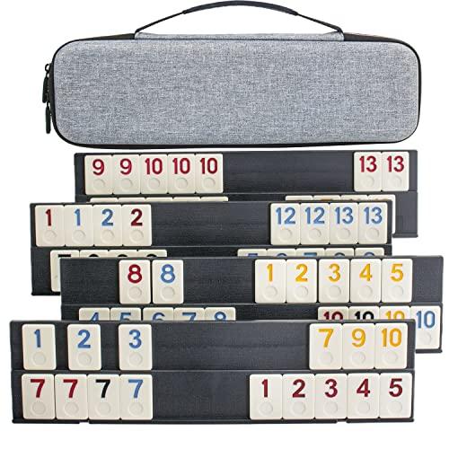 Rummy Cube Game Original Rummy Tiles Game Travel Rummy Game Set with 4 Anti-Skid Racks, Hard EVA Carrying Case, Color-Coded Numbers