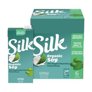 Silk Shelf-Stable Organic Soy Milk, Unsweetened, Dairy-Free, Vegan, Non-GMO Project Verified,32 Fl Oz(Pack of 6), Expiry: 26 OCT 2026