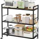 3-Tier Metal Storage Rack with Industrial Wheels,Mesh Shelving Unit with Wooden Table top,Adjustable Shelf,31.5-Inch Width, for Kitchen, Laundry,Pantry,Plant,Black