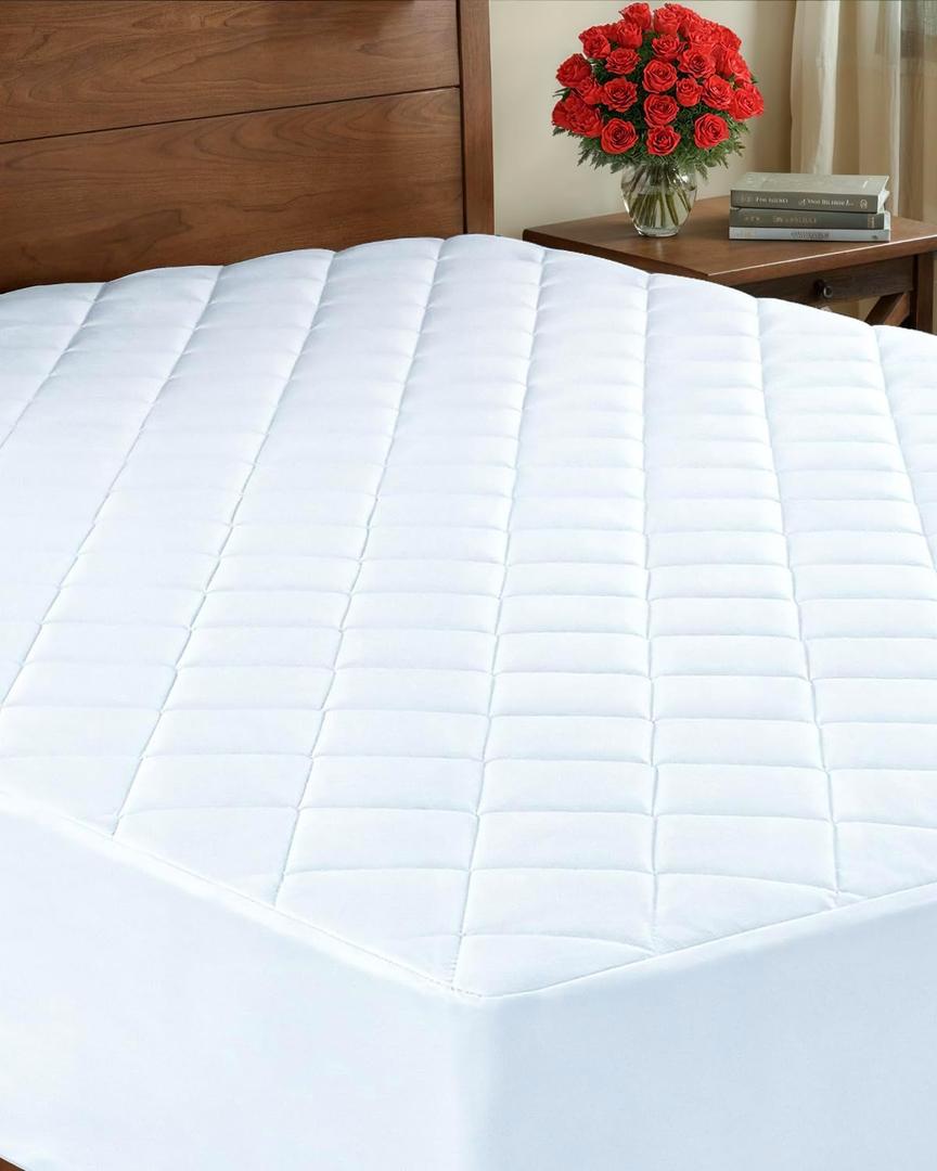 Quilted Fitted Mattress Pad Twin XL Size - Elastic Fitted Mattress Topper Protector & Cover - Breathable, Soft, Low Profile Top Cover with 8-16 Inch Deep Pockets - Easy-Fit & Machine Washable - White