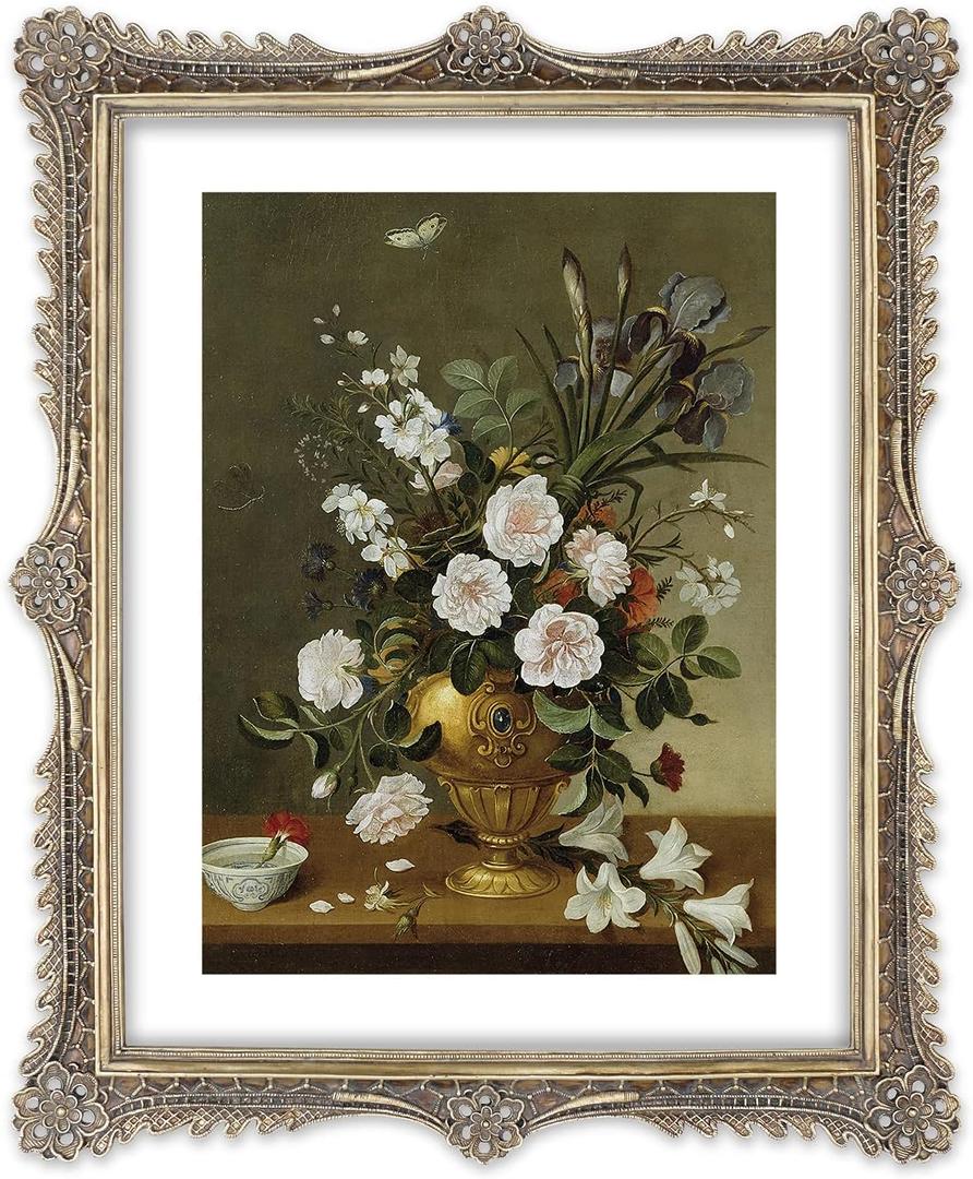 SIMON'S SHOP 11x14 Picture Frame with Mat, Vintage Picture Frames 11x14 Matted to 8x10, Classic Gold Frame with Carved Ornate Floral Lattice Patterns