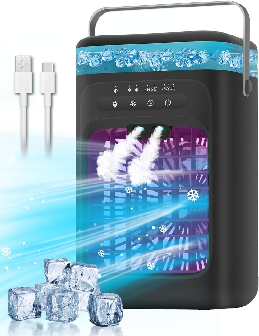 Portable Air Conditioner, 4-in-1 Evaporative Air Cooler, Personal Cooling Fan with 3 Speeds, 2 Mist Modes, 7 LED Night Light, 2-4H Timer, Quiet Mini Air Cooler for Bedroom Office Camping