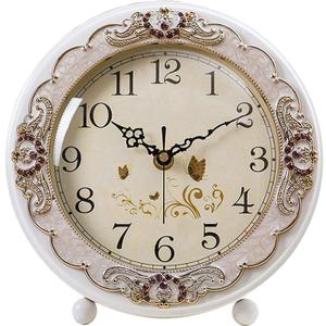 Justup Vintage Table Clock, Retro Non-Ticking European Style Beside Mantle Desk Clock Battery Operated Silent Quartz Movement for Bedroom Living Room Indoor Decor (White)