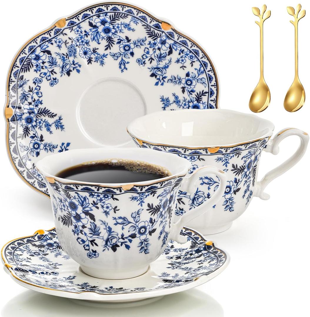 Porcelain Tea Cups and Saucers Set of 2, 6 Oz Vintage Country Roses Bone China Tea Cup with Gold Trim, Spoon, 6 Pieces Coffee Cappuccino Mugs for Women, Tea Parties, Wedding Gifts