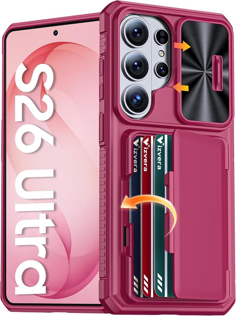 Vizvera for Samsung Galaxy S26 Ultra Case Wallet RFID [Cards Holder][Camera Cover][Edge Raised] Full Body Rugged Shockproof Silicone Phone Case for Galaxy S26 Ultra 6.9" 2026,Magenta
