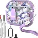 WENEW for AirPods Pro 3 Case (2025) Cover Secure Lock Automatic Snap Switch Clip Cleaner Kit Lanyard Women Stylish Flower Hard Shell Full Body Front LED Visible (Purple Butterfly, AirPods Pro 3)