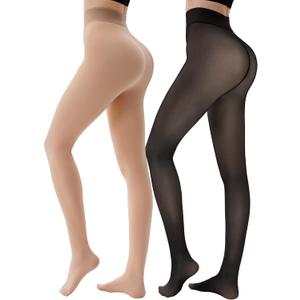 HONGTEYA 2 Pairs Fleece Lined Tights Women - Warm Sheer Pantyhose Fake Translucent Tights Winter Thermal Leggings (M)
