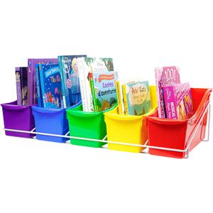 Storex Large Book Bins, Set of 5, Metal Shelf Rack Included, Assorted Colors (71125U01C)