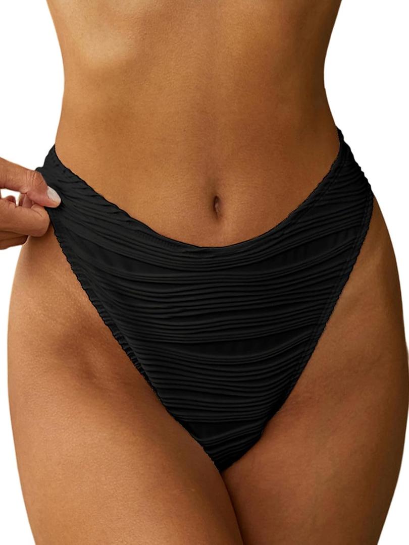 ZAFUL Women Cheeky Bikini Bottoms Wave Swimsuit Swim Briefs Bathing Basic Suit Bottom (Large, 0-black)