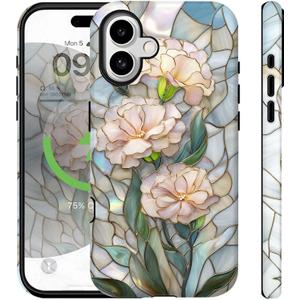 for iPhone 17 Case Cute Aethetic Bloom Flowers Florals Design [Stained Glass][Compatible with Magsafe] Rugge Shockproof Anti-Scratch Phone Case for iPhone 17 Women