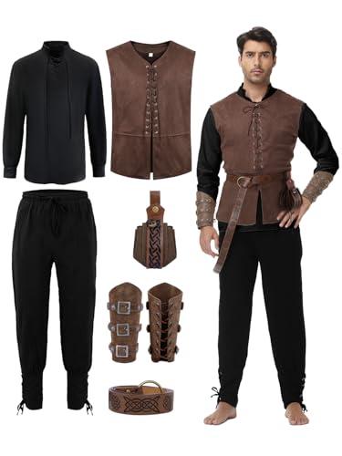 Dicxoser Renaissance Medieval Costume for Men - Pirate Viking Costume 7 Pcs Set, Medieval Renaissance Cosplay Halloween Outfit (Brown-B, 3XL)