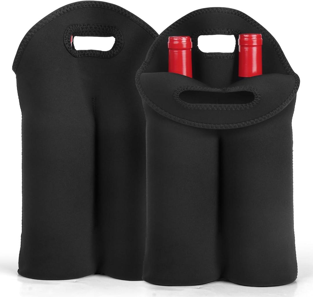 2 Pack Wine Carrier Tote Bag, 4 Bottles Carrying Cooler Bags for Travel and Picnic, Insulated Neoprene Water Beer Bottle Holder with Secure Carry Handle,Keep Bottles Protected (Black)