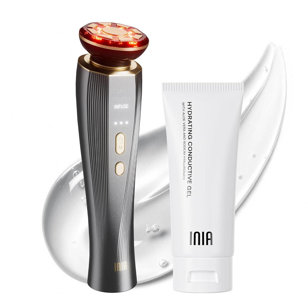 INIA 3-in-1 Skin Tightening Device True Beauty Glow Facial Massager Red Light Therapy for Face and Neck (Black)