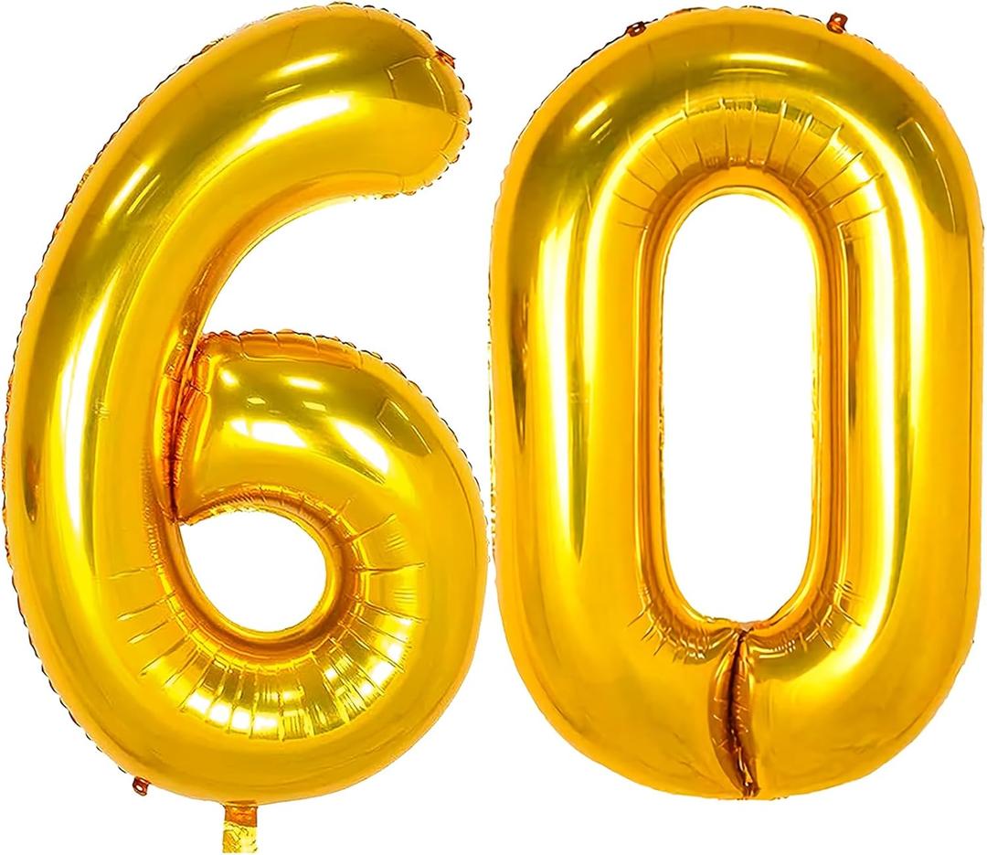 42 Inch Large Gold 60 Balloon Number, 60th Birthday Decorations, Foil Mylar Big Helium Numbers Balloons for Birthday Anniversary Decorations Party Supplies