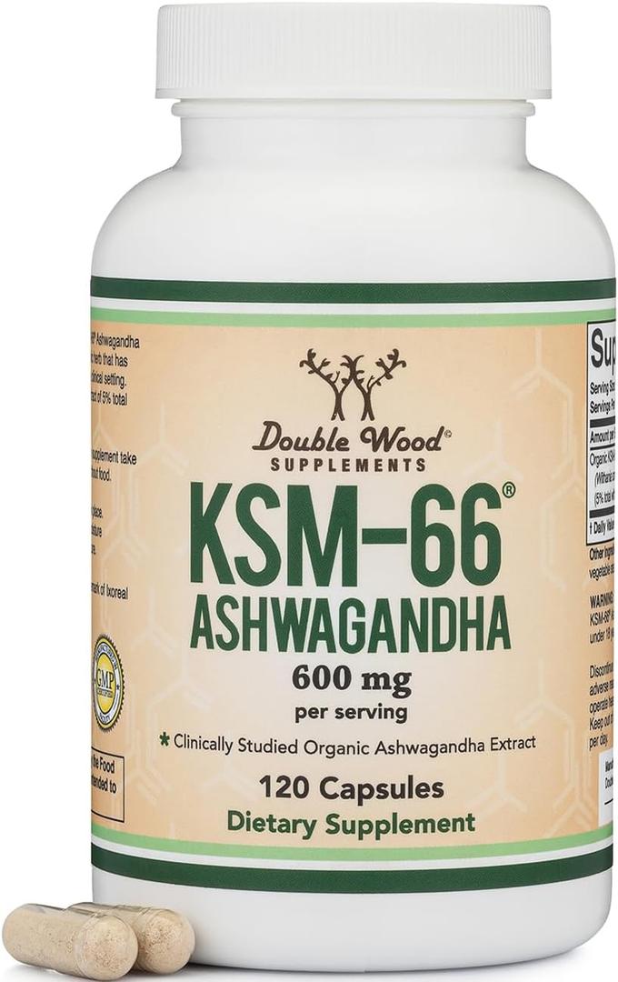 Double Wood Supplements Ashwagandha KSM 66 Organic and Clinically Studied Extract (600mg Per Serving, 120 Capsules, 60 Servings) Adaptogen Cortisol Manager for Women and Men, Exp 08/2028