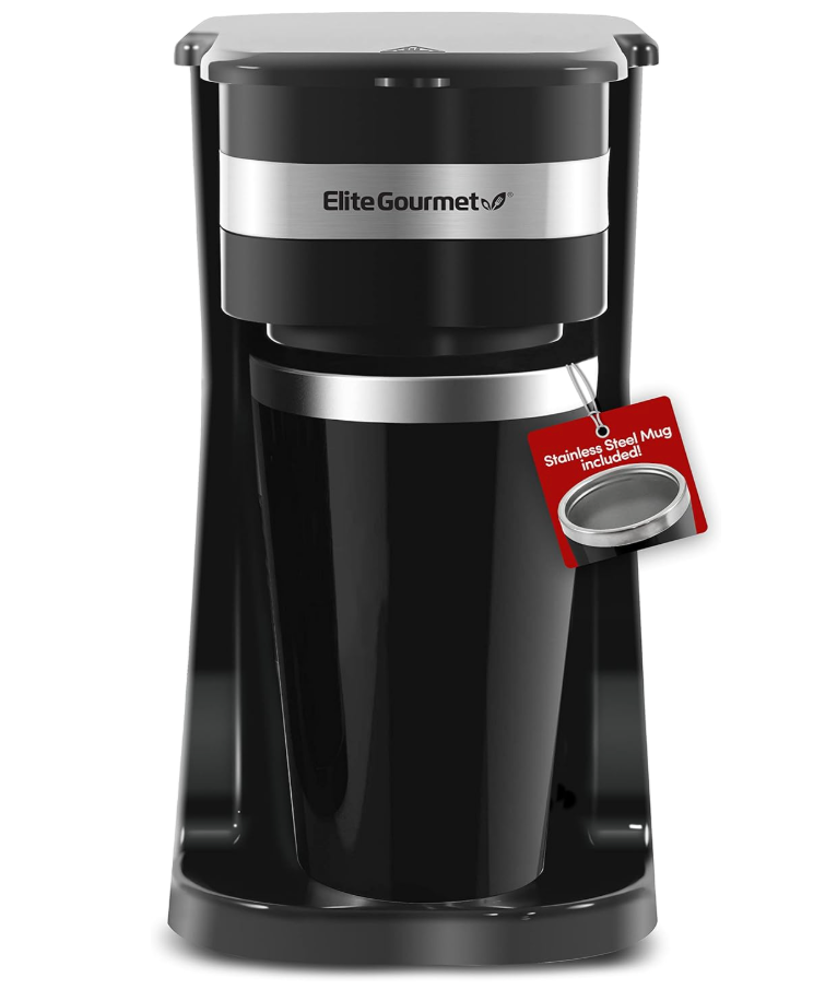 Elite Gourmet EHC114 Personal SingleServe Compact Coffee Maker Brewer Includes 14Oz. Thermal Travel Mug with Stainless Steel Interior, Compatible with Coffee Grounds, Reusable Filter, Black