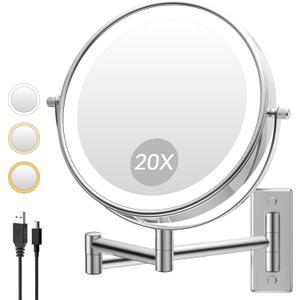 1X/20X Wall Mounted Makeup Mirror with Lights, 8" Double Sided Bathroom Magnifying Mirror with 360 Extension Arm, Dimmable, Rechargeable, Touch Control, Chrome