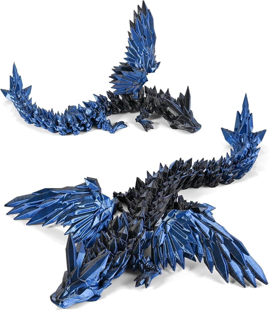GemmiCho 3D Printed Dragon with Wings, 11" 3D Printed Dragon Toys for Kids, 3D Dragon for Stress Relief, 3D Printed Animals Figurines Fidget Dragon Toys for Boys Kids Teen 5-7 4-6 8-12 (Dark Blue)