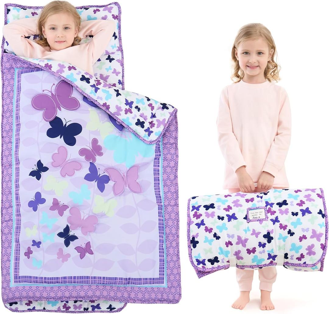 UOMNY Toddler Nap Mat Girls Kids Nap Mats with Removable Pillow and Blanket Butterfly Toddler Sleeping Bag for Preschool Daycare Purple 53x21 Inch