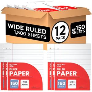 Wide Ruled Loose Leaf Paper Wide Ruled Notebook Paper Lined Writing Filler Paper 10.5 x 8 56 gsm 1800 Sheets 150 Sheet Per Pack (12 Pack)