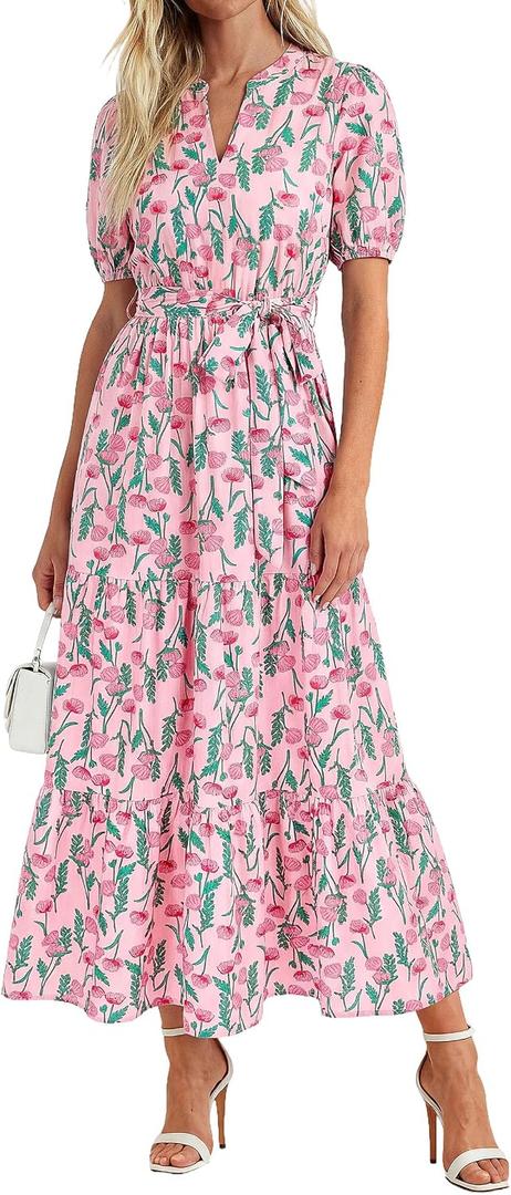 PRETTYGARDEN Women's Summer Maxi Dresses Boho Floral Short Sleeve V Neck Casual Wedding Guest 2026 Beach Vacation Outfits (Pink, M)