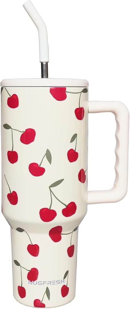 Cherry Tumbler 40 oz with Handle and Straw, Cherry Themd Gifts for Women Cup Holder Friendly Insulated Travel Mug Stainless Steel Water Bottle