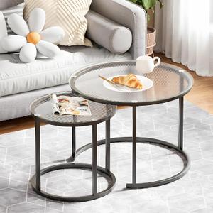 aboxoo Gold Nesting Coffee Table Set of 2, Small Glass Round Nesting Tables for Living Room Bedroom, Accent Tea Table with Black Metal Frame Modern Industrial Simple, 23.6 x 23.6 x 17.7 inches