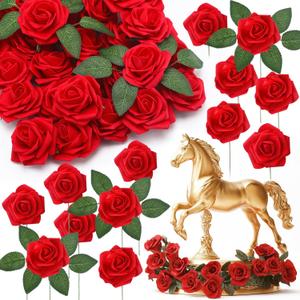 Thiccywoov 30 Pcs Horse Racing Derby Decorations Artificial Crimson Red Roses W/Stem Decorations Fake Roses Horse Derby Centerpieces for Tables Horse Derby Party Supplies