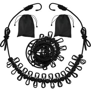 2 Pack Camping Clothesline Portable 12 Clothespins, Black Camping Accessories Travel Clothesline for Outdoor Indoor, Retractable Clothes Line Elastic Clothesline for Camper Hotel Room