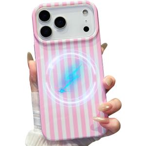 Jmltech Magnetic for iPhone 17 Pro Max Case Striped Phone Case Cute Women Girly Trendy Compatible with MagSafe,Shockproof Slim Soft TPU and Hard Back Protective Cover White Pink Strips