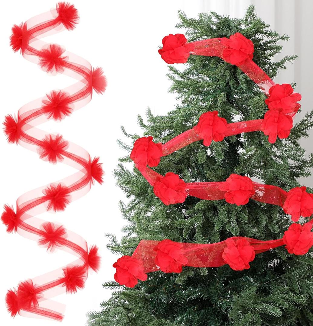 Suncalla 9 ft Christmas Tree Ribbon Bows Garland Decor Red Mesh Ribbon Garland Xmas Decoration Wreath Bow for Christmas Party Gift Stairs Mantle Front Door Wedding Holiday Decor