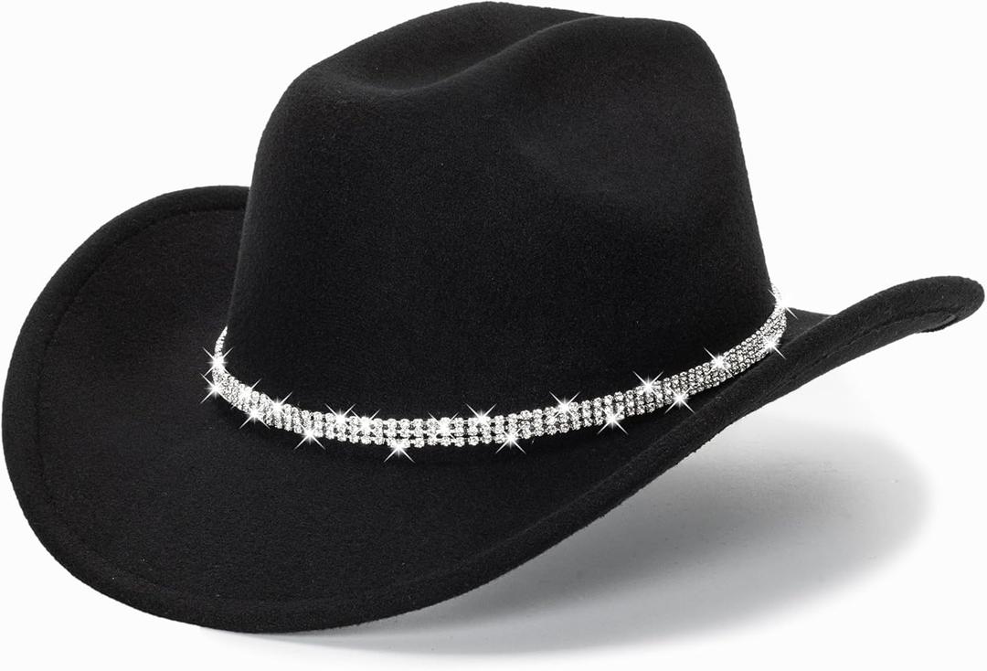 Glitter Silver Black Cowboy Hats for Women - Western Sparkly Rhinestone Cowgirl Hat for Ladies Size M-L (7-7 1/4, 3 Circles Diamand-black)