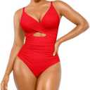 SHAPELLX Tummy Control Swimsuits Women V Neck One Piece Bathing Suit Ruched Push Up Slimming Swimwear Built-in Bra, L