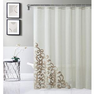 Velvet Textured Shower Curtain - 3D Scroll Appliqué Linen Design in Linen 70" x 72" - Water Resistant Polyester Blend, Washable Shower Curtain - Perfect Cloth Shower Curtain for Stylish Bathrooms