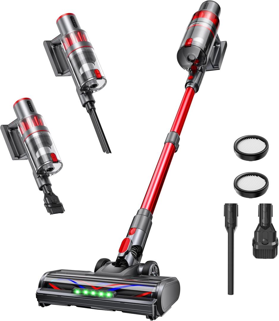 Cordless Vacuum Cleaner, 600W/50KPA, Up to 60 Minutes, Stick Vacuum with Rechargeable Design, Powerful Suction, Lightweight, Vacuum Cleaner for Home/Pet Hair/Carpet/Hard Floor, Red