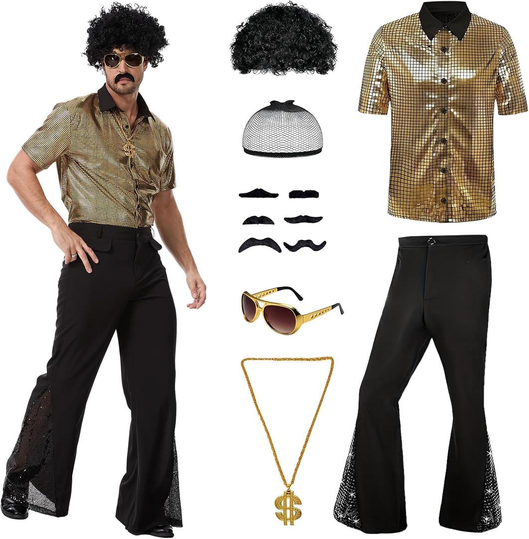 70s Disco Outfit Costume for Men, Include Shirt Bell Bottom Pants Wig Sunglasses Necklace Wig Cap, for Disco Party