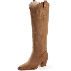 iiimmu Cowgirl Boots Women Knee High Boots Pointed Toe and Block Heel Cowboy Suede and Faux Leather Boots with Embroidered (9.5, Light Brown)