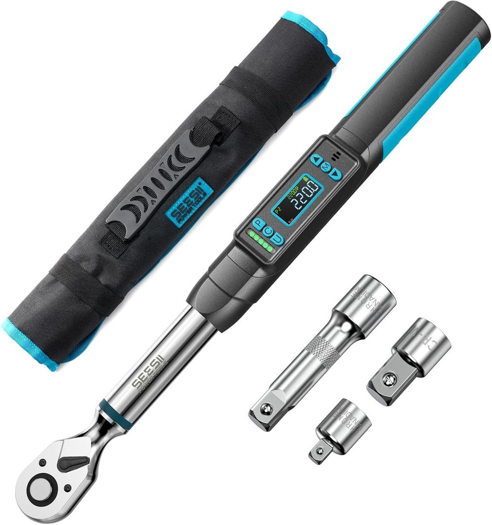 Seesii 3/8" Digital Torque Wrench, 2% Accuracy, 0220 Nm/0162 ft-lbs, LCD Display, Real-Time & Peak Modes, Preset & Data Storage, Dual Alarm, Electric Torque Wrench for Bicycle, Car, Motorcycle