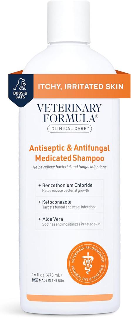 2 x Veterinary Formula Clinical Care Antiseptic and Antifungal Medicated Shampoo for Dogs & Cats, 16 Fl Oz Helps Alleviate Scaly, Greasy, red Skin Paraben, Dye, Soap-Free (1 Pack)