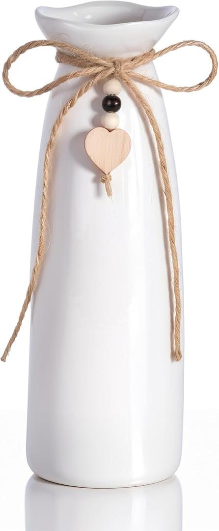 8 Inch Ceramic Vase with Jute Rope & Heart Charm, Elegant White Decorative Vase for Home Dcor & Table Centerpieces