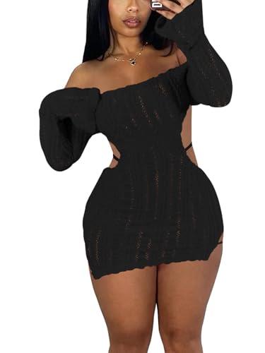 Sexy Off Shoulder Fuzzy Y2K Mini Dress for Women Strappy Backless Long Sleeve Party Club Birthday Dresses Date Night Black,M