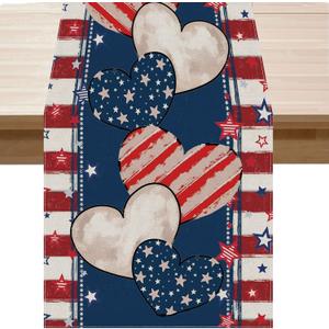 4th of July Table Runner Stripe Stars Heart Memorial Day Independence Day Patriotic America Table Decoration Home Kitchen Dining Indoor Holiday Farmhouse Decor 13x72 Inch